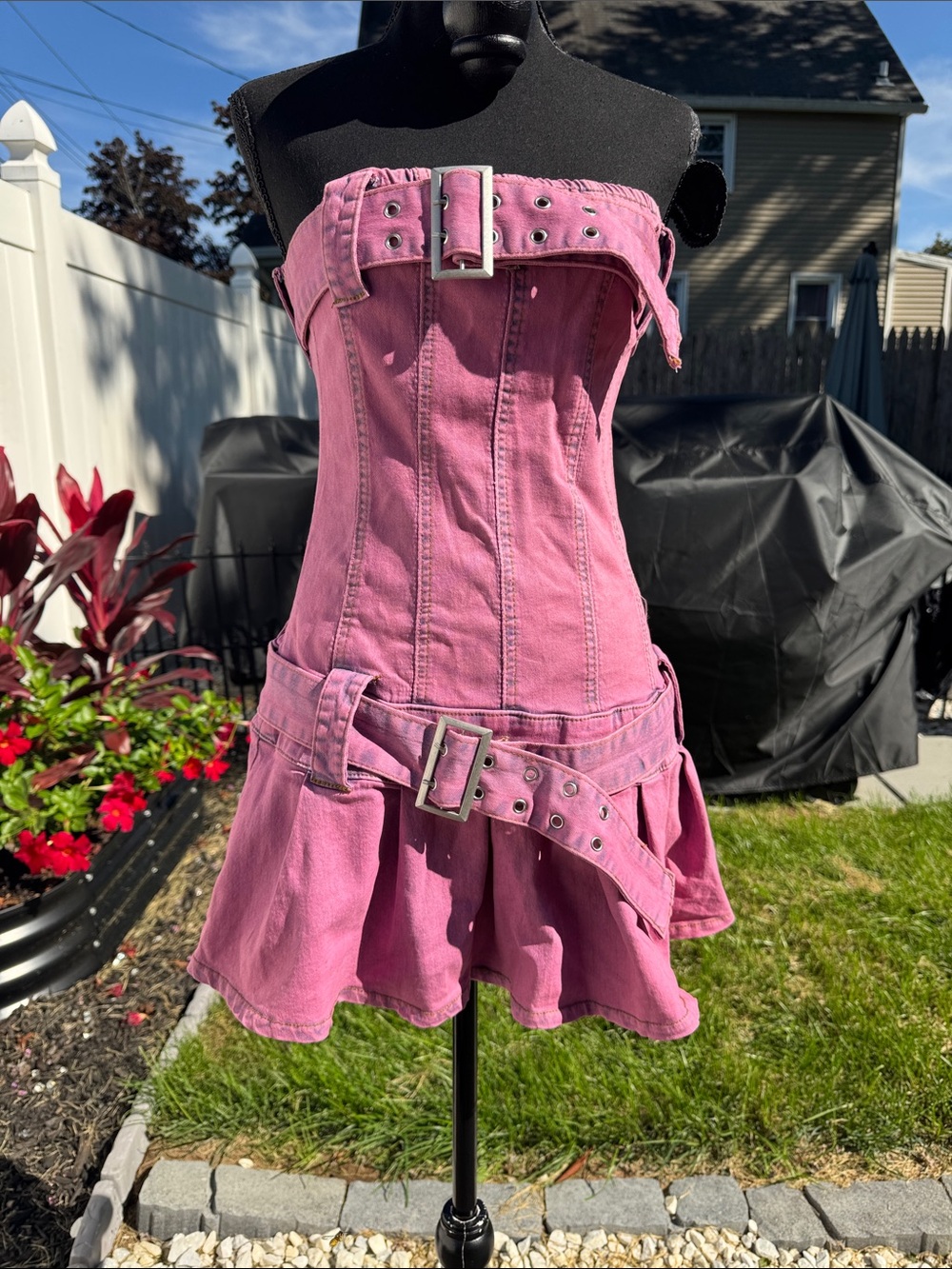 Strapless Pink Denim Belted Mini Skirt Dress lg nwot